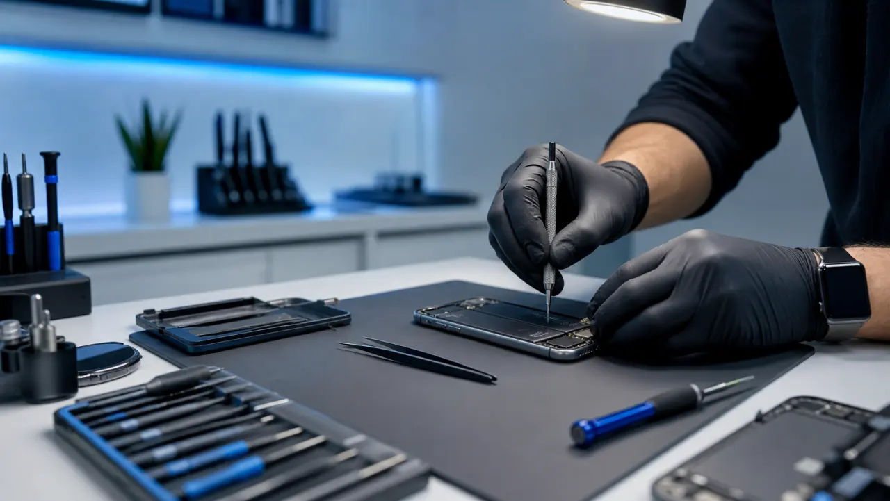 Technik opravuje telefon na čistém servisním stole