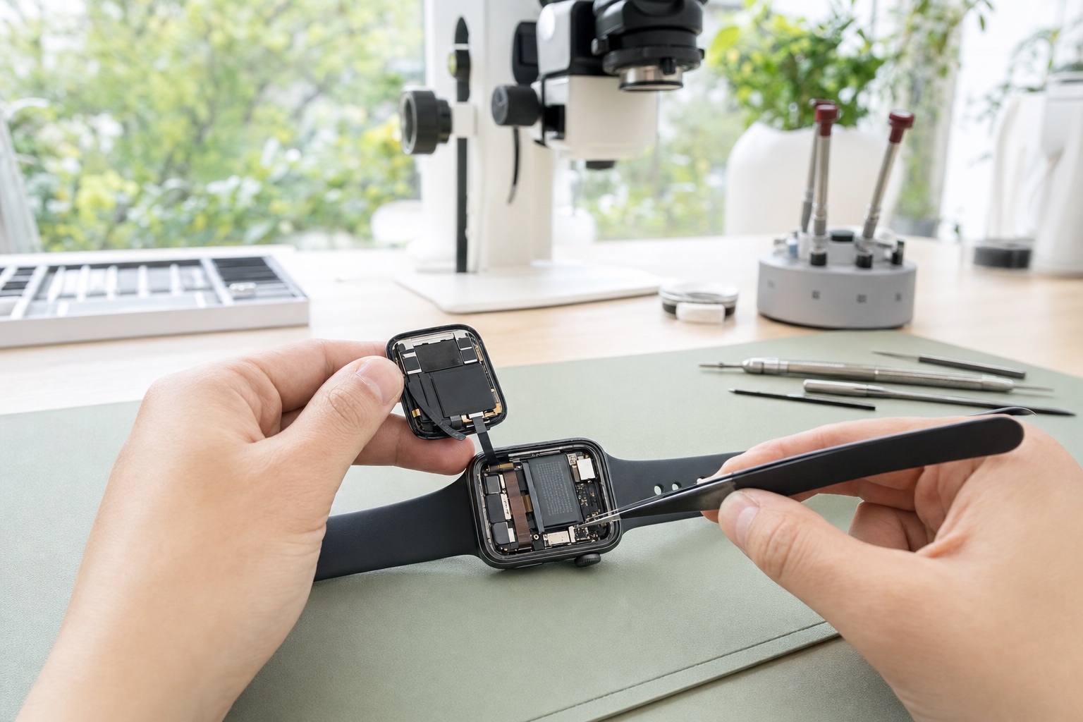 Otevřené Apple Watch s odklopeným displejem a viditelnou baterií při profesionální opravě