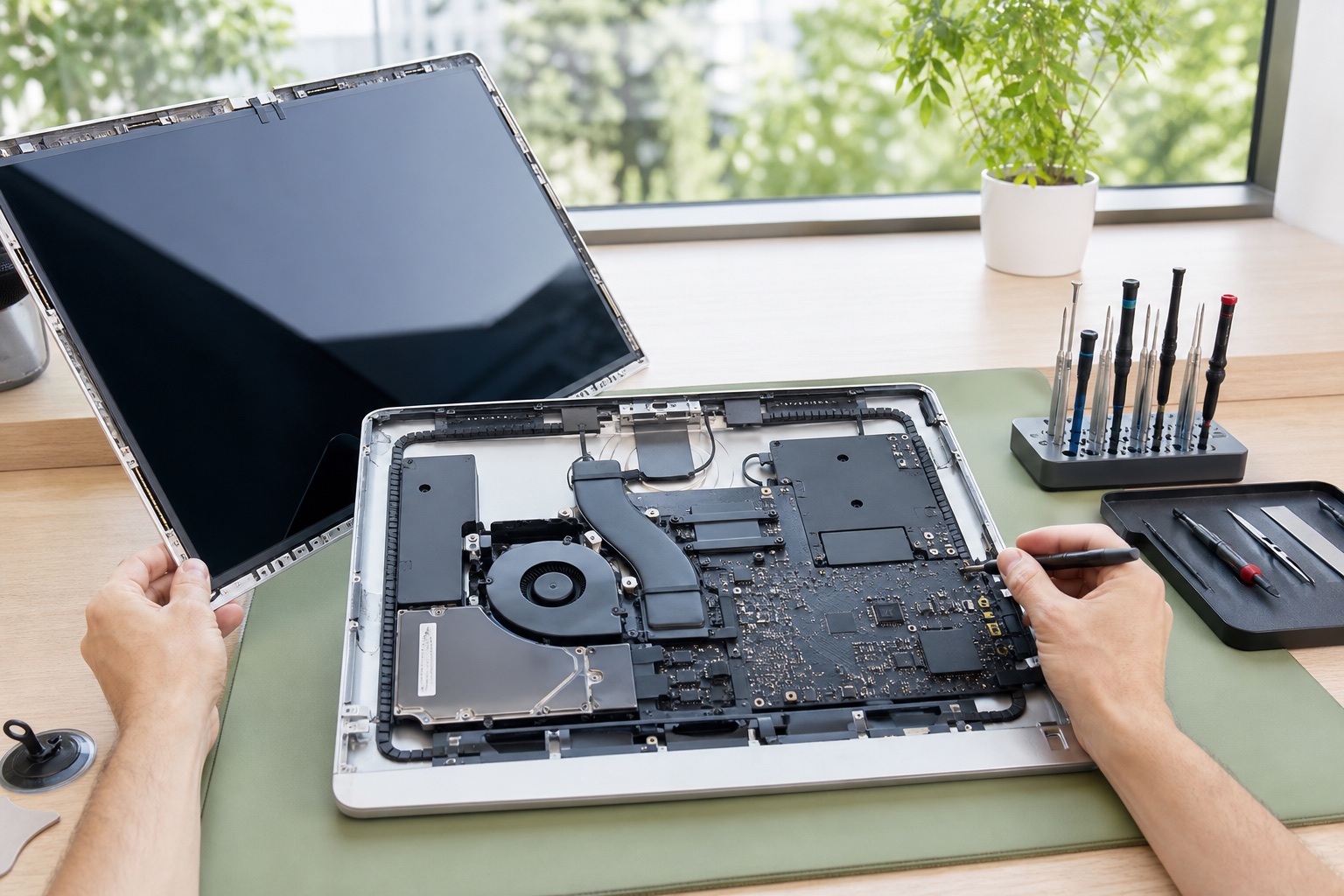Otevřený iMac se sejmutým displejem, základní deskou, chlazením a diskem při opravě
