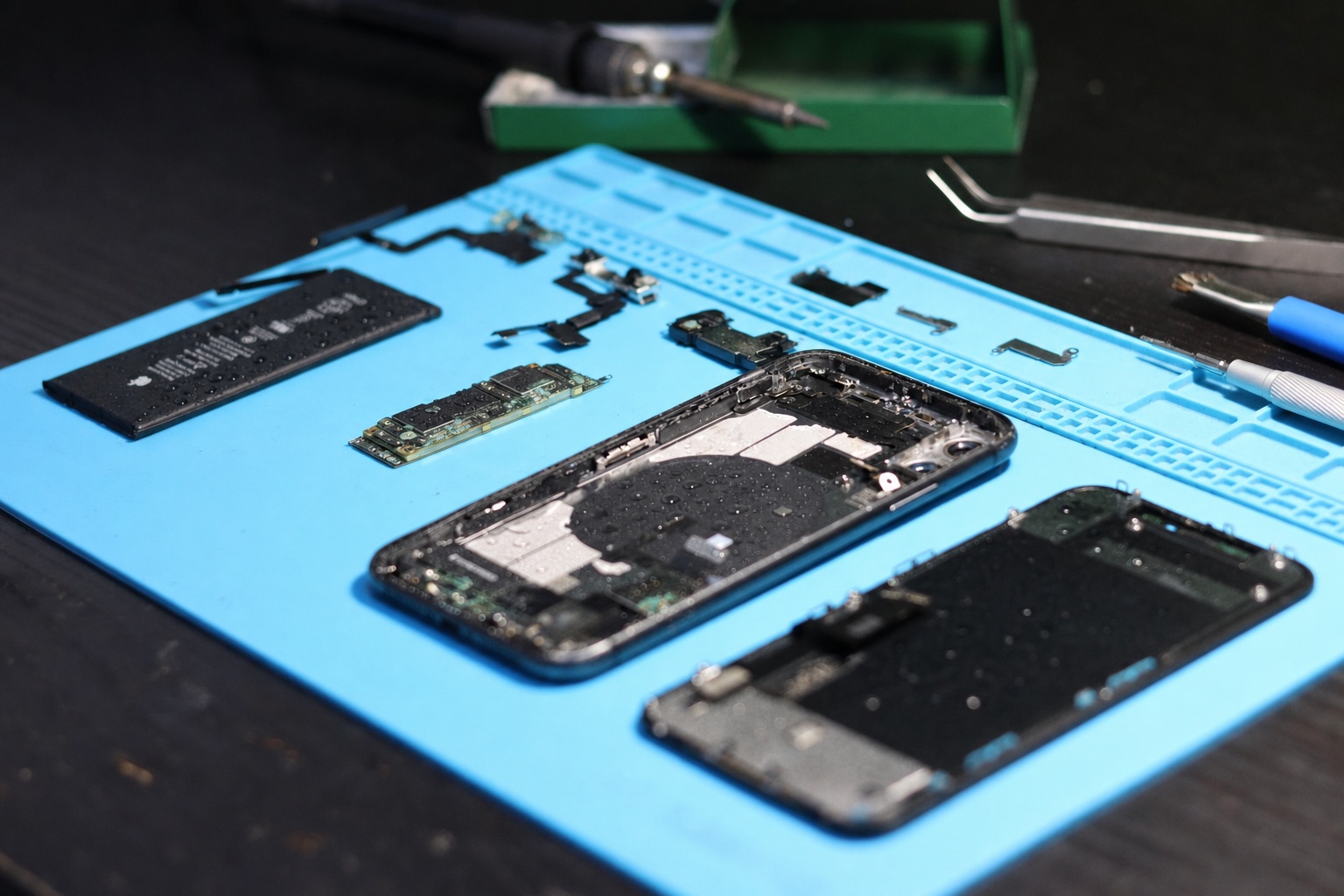 Otevřený iPhone po zalití s kapkami vlhkosti a korozí na základní desce